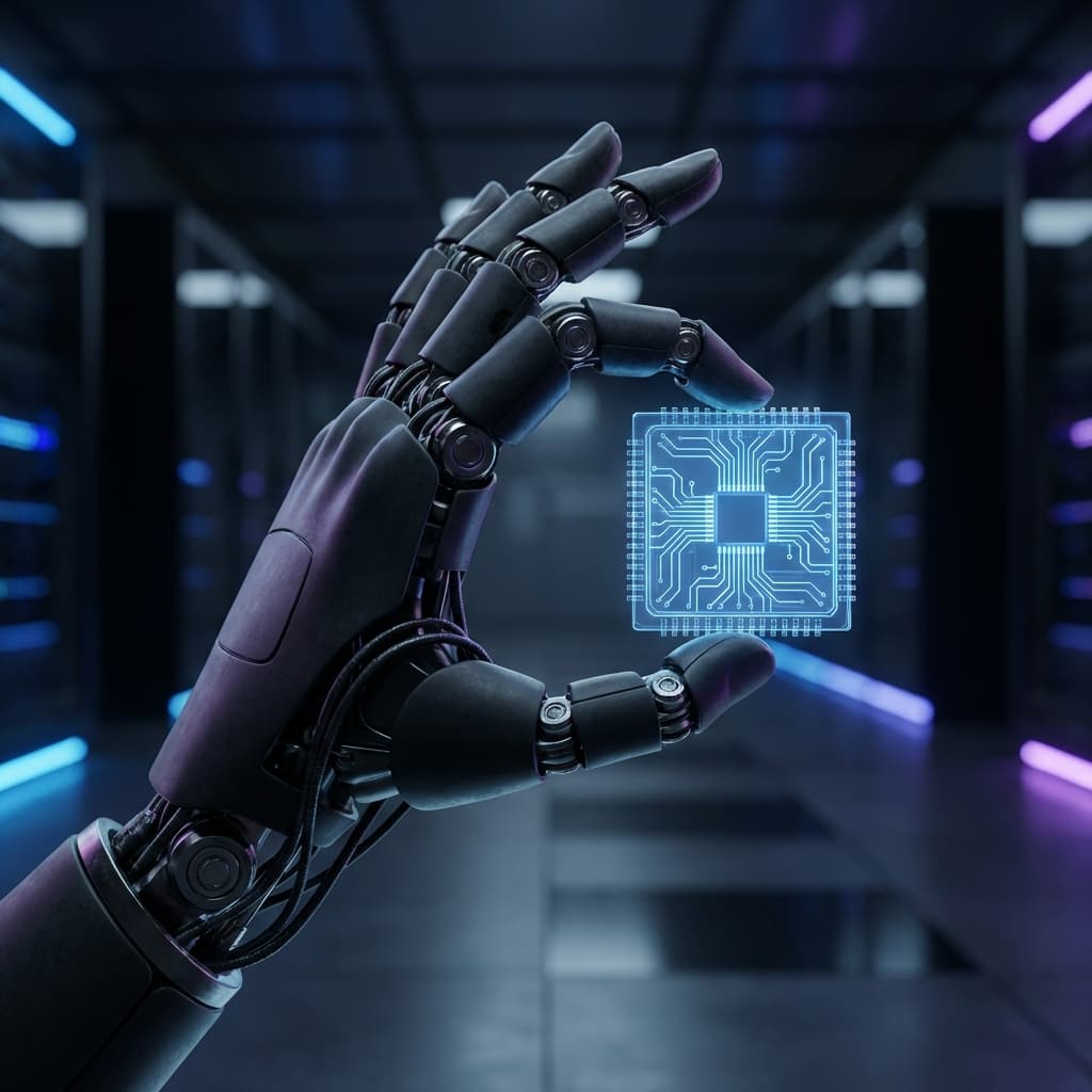 Robotic arm holding glowing chip